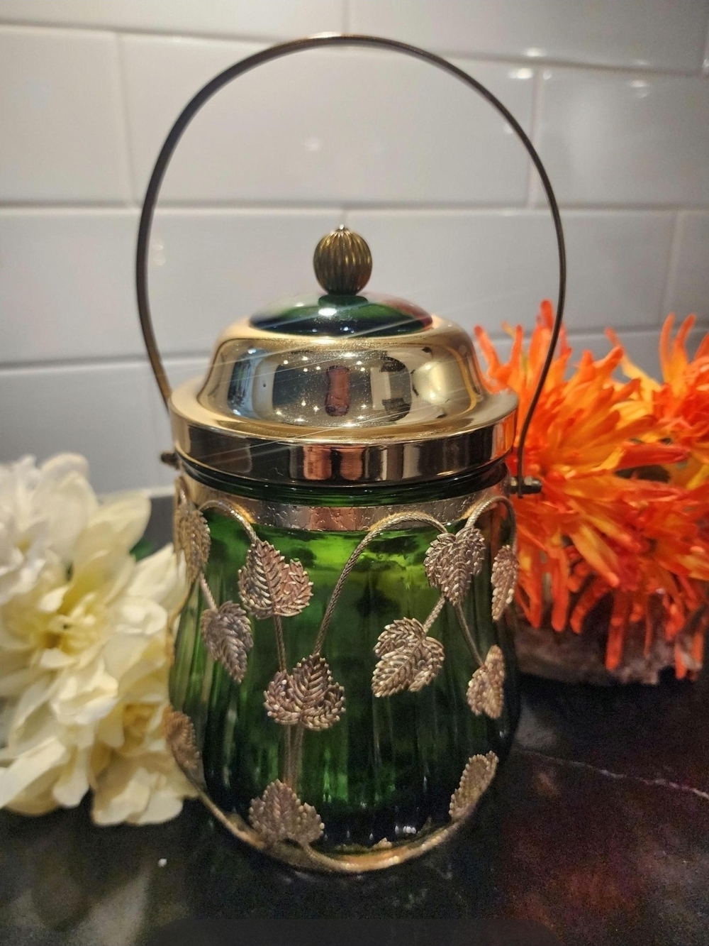 Vintage‎ Emerald Green Musical Biscuit Jar | Mid-Century Hollywood Regency